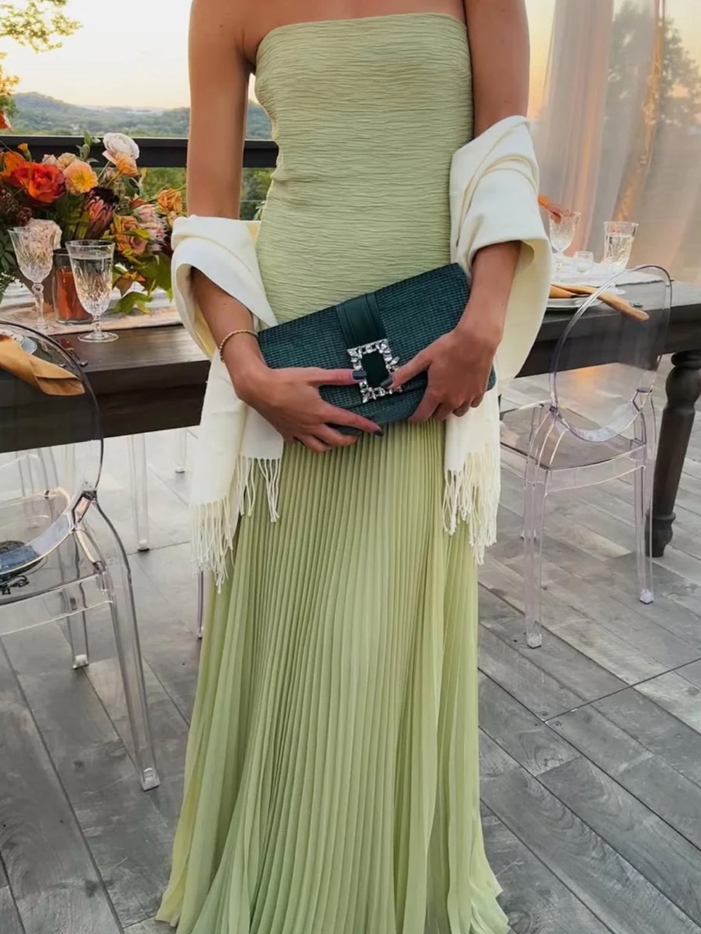 Elegant Strapless Pleated Evening Gown in Light Green
